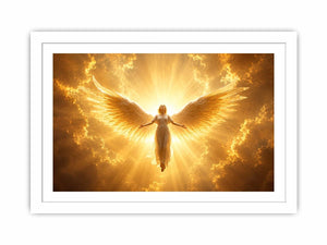 Golden angel canvas wall art for spiritual living room decor.