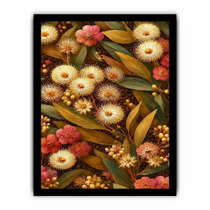 Native wildflower canvas print with gold leaves for elegant bedroom decor.