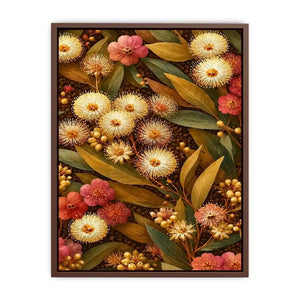 Native wildflower canvas print with gold leaves for elegant bedroom decor.