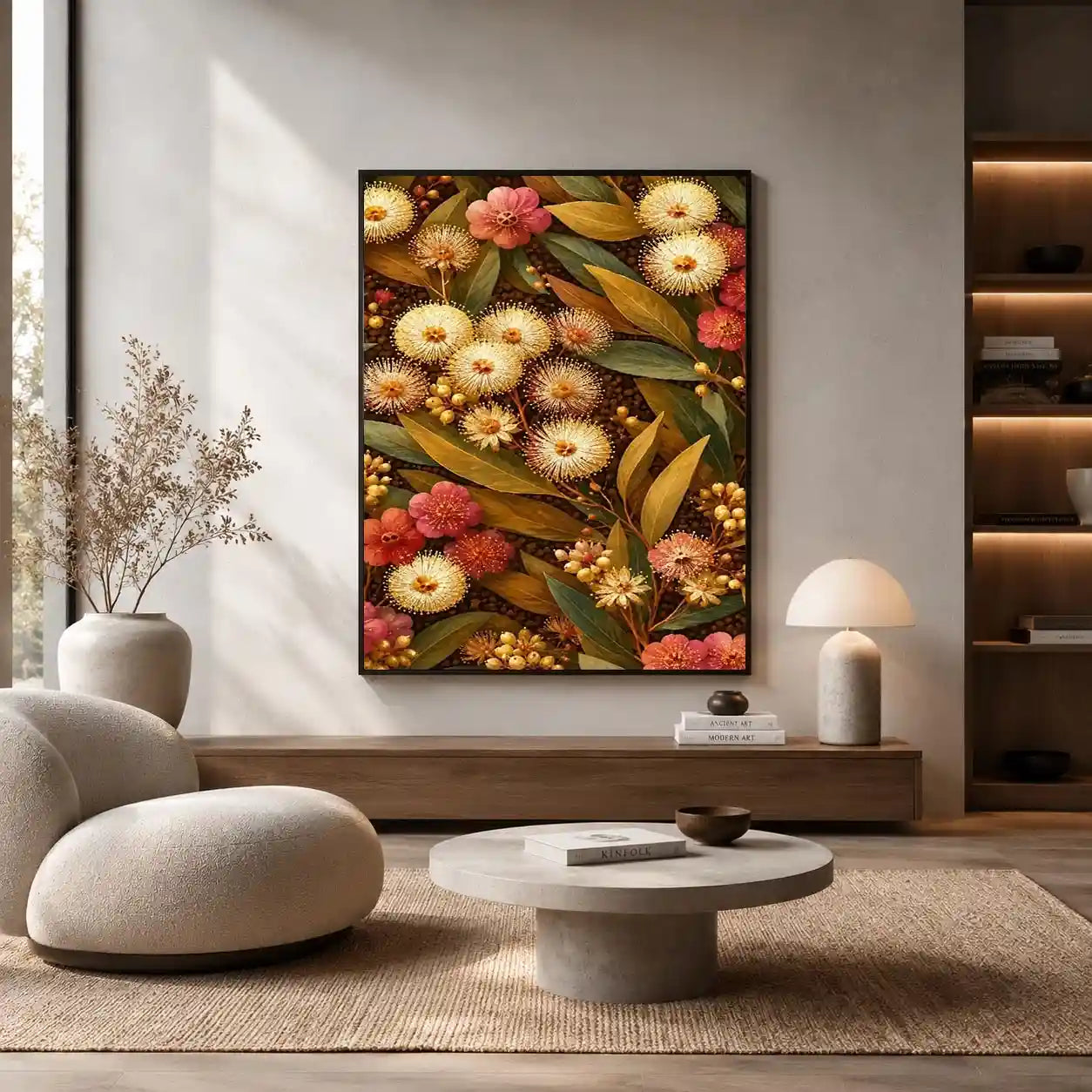 Native wildflower canvas print with gold leaves for elegant bedroom decor.
