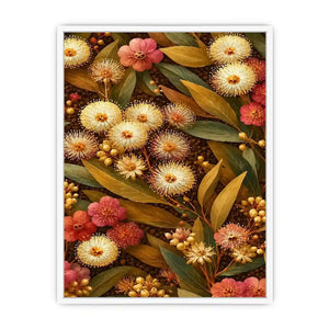 Native wildflower canvas print with gold leaves for elegant bedroom decor.