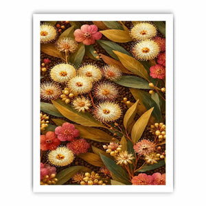 Native wildflower canvas print with gold leaves for elegant bedroom decor.
