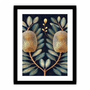 Midnight banksia botanical canvas art for luxury bedroom decor.