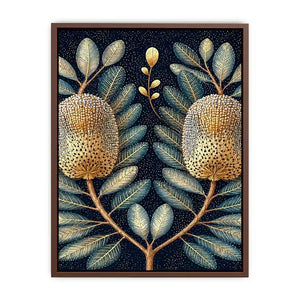 Midnight banksia botanical canvas art for luxury bedroom decor.