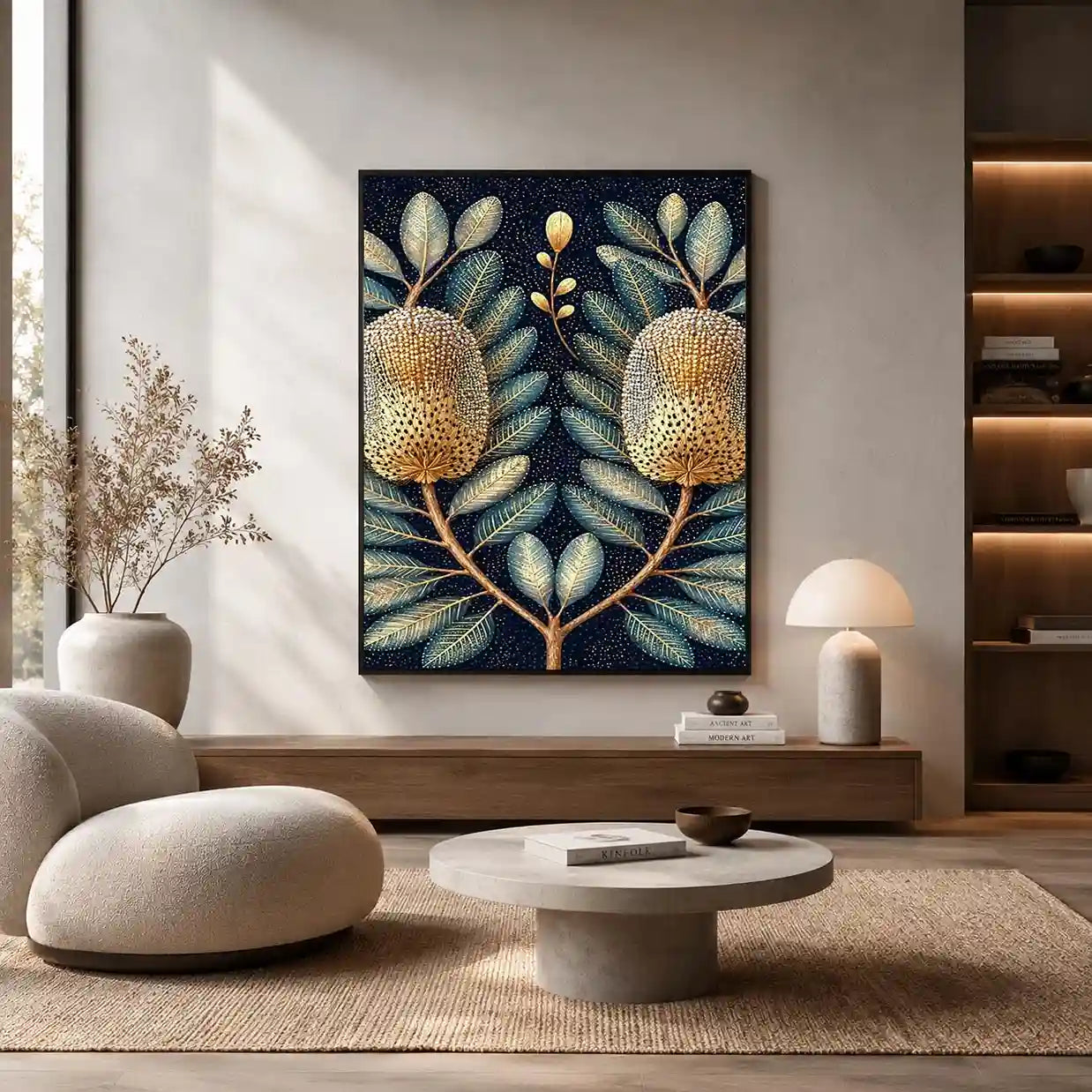 Midnight banksia botanical canvas art for luxury bedroom decor.