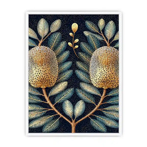 Midnight banksia botanical canvas art for luxury bedroom decor.