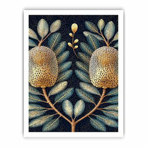 Midnight banksia botanical canvas art for luxury bedroom decor.