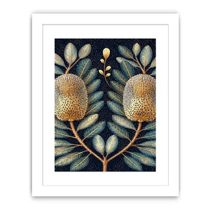 Midnight banksia botanical canvas art for luxury bedroom decor.
