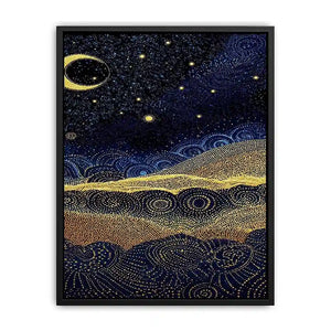 Square blue and gold dot landscape wall art for modern living room decor.