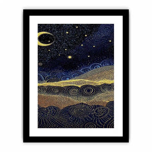 Square blue and gold dot landscape wall art for modern living room decor.