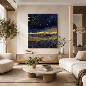 Square blue and gold dot landscape wall art for modern living room decor.