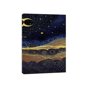 Square blue and gold dot landscape wall art for modern living room decor.