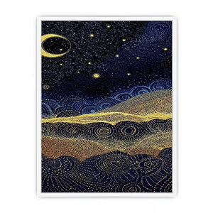 Square blue and gold dot landscape wall art for modern living room decor.