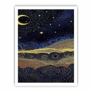 Square blue and gold dot landscape wall art for modern living room decor.