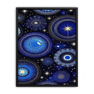 Blue and gold celestial pattern canvas art for dreamy bedroom wall decor.