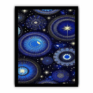 Blue and gold celestial pattern canvas art for dreamy bedroom wall decor.