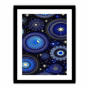 Blue and gold celestial pattern canvas art for dreamy bedroom wall decor.