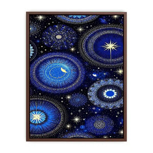 Blue and gold celestial pattern canvas art for dreamy bedroom wall decor.