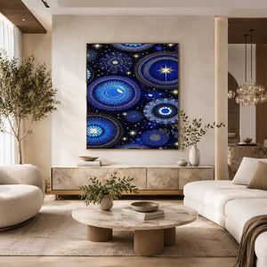 Blue and gold celestial pattern canvas art for dreamy bedroom wall decor.