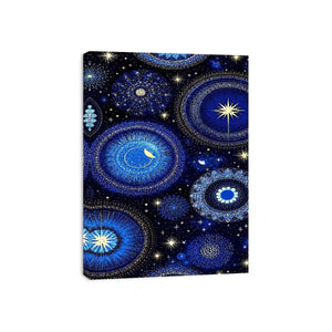 Blue and gold celestial pattern canvas art for dreamy bedroom wall decor.