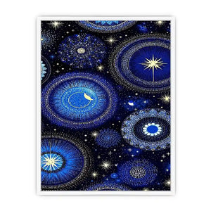 Blue and gold celestial pattern canvas art for dreamy bedroom wall decor.