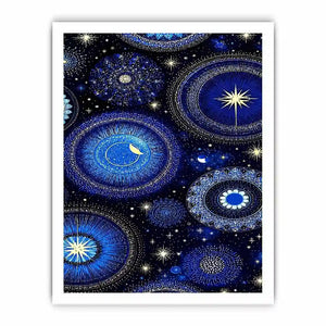 Blue and gold celestial pattern canvas art for dreamy bedroom wall decor.