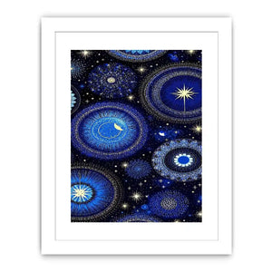 Blue and gold celestial pattern canvas art for dreamy bedroom wall decor.