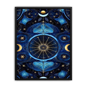 Blue gold celestial mandala wall art for luxury living room decor.