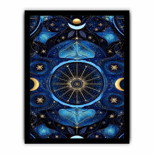Blue gold celestial mandala wall art for luxury living room decor.