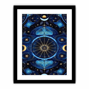 Blue gold celestial mandala wall art for luxury living room decor.
