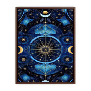 Blue gold celestial mandala wall art for luxury living room decor.