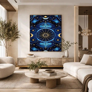 Blue gold celestial mandala wall art for luxury living room decor.