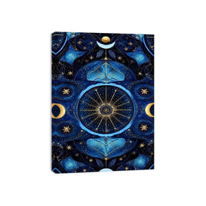 Blue gold celestial mandala wall art for luxury living room decor.