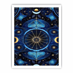 Blue gold celestial mandala wall art for luxury living room decor.