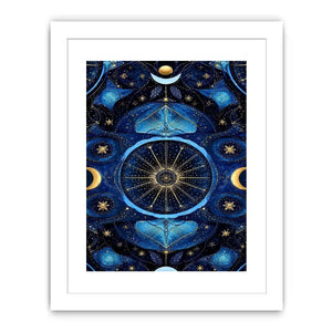 Blue gold celestial mandala wall art for luxury living room decor.