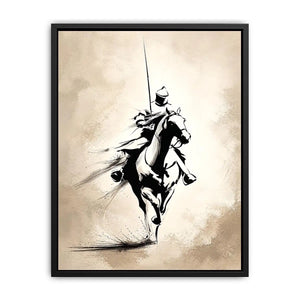 Vertical black ink horse rider canvas art for modern office or living room decor.