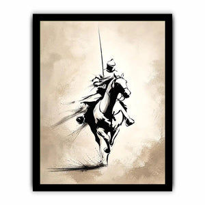 Vertical black ink horse rider canvas art for modern office or living room decor.