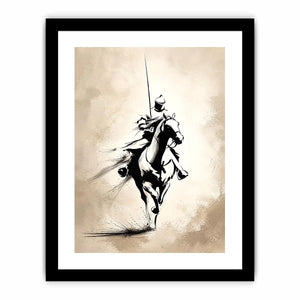 Vertical black ink horse rider canvas art for modern office or living room decor.