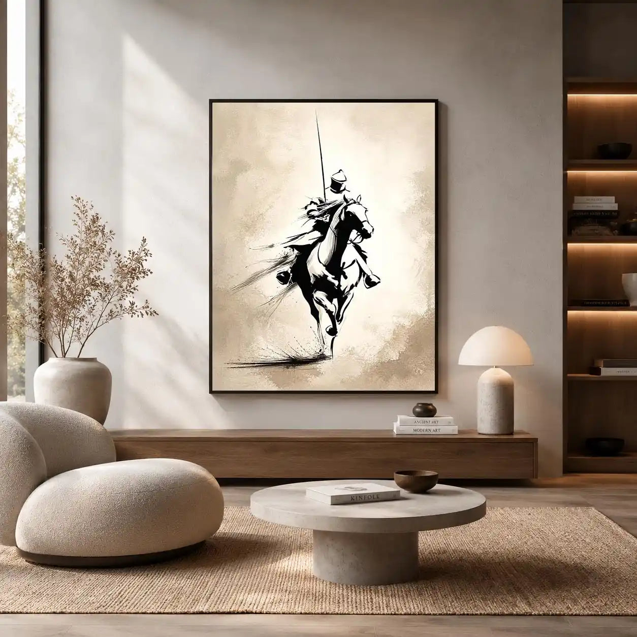 Vertical black ink horse rider canvas art for modern office or living room decor.