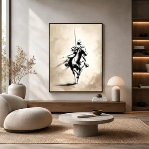 Vertical black ink horse rider canvas art for modern office or living room decor.