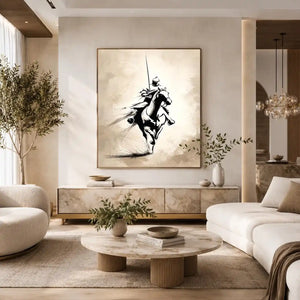 Vertical black ink horse rider canvas art for modern office or living room decor.