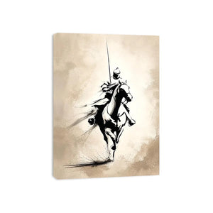 Vertical black ink horse rider canvas art for modern office or living room decor.