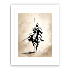 Vertical black ink horse rider canvas art for modern office or living room decor.