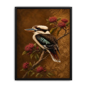 Kookaburra bird canvas art with native flowers for modern living room decor.