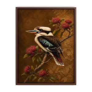 Kookaburra bird canvas art with native flowers for modern living room decor.