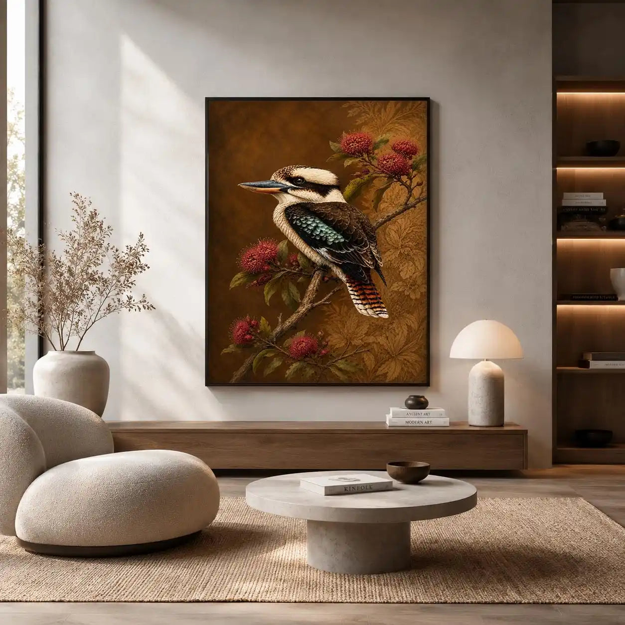 Kookaburra bird canvas art with native flowers for modern living room decor.