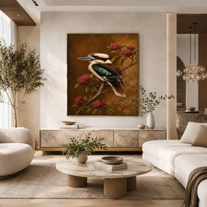 Kookaburra bird canvas art with native flowers for modern living room decor.