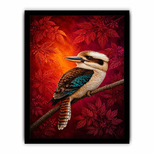 Bright kookaburra bird wall art with red foliage for modern living room decor.