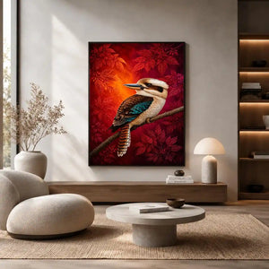Bright kookaburra bird wall art with red foliage for modern living room decor.