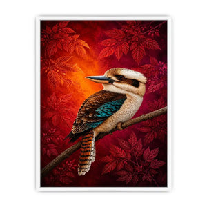 Bright kookaburra bird wall art with red foliage for modern living room decor.